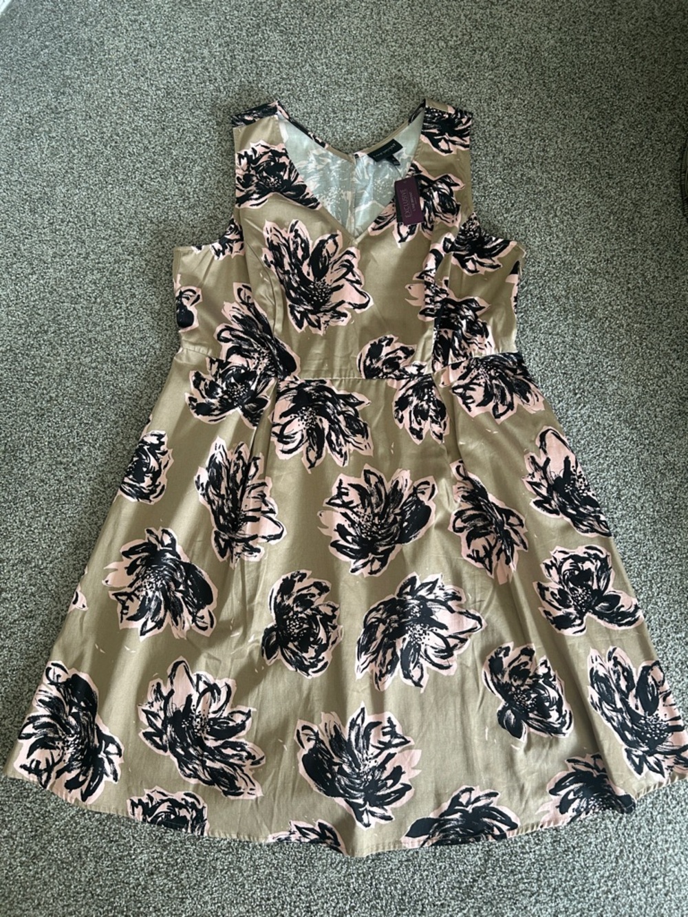 Lane Bryant Tan Floral Print Midi Dress with Black and Blush Accents